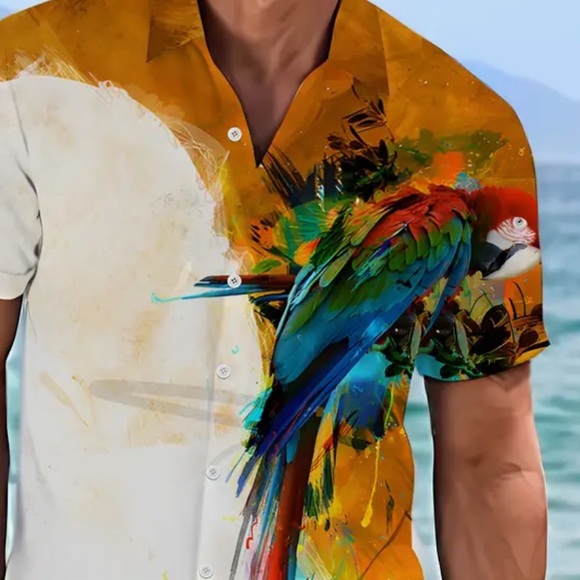 Parrot Splash Print Short Sleeve White Shirt w Lapel Collar (2XL) - Picture 6 of 10